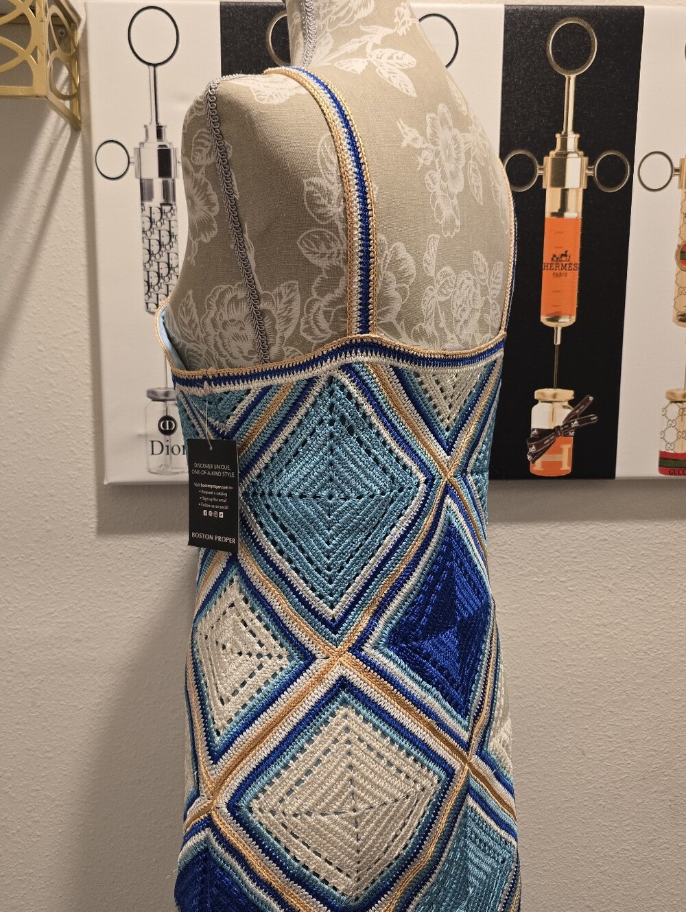 Boston Proper Midi Blue & Cream Crochet Dress with Fringe - Picture 5 of 13